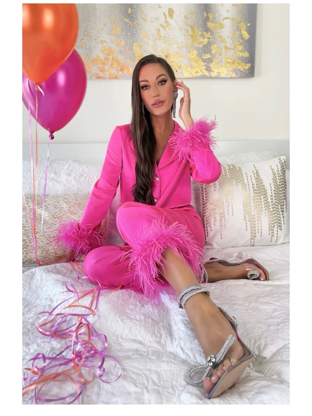 NADINE MERABI Hot Pink Feather-Trim Satin Pajama Set